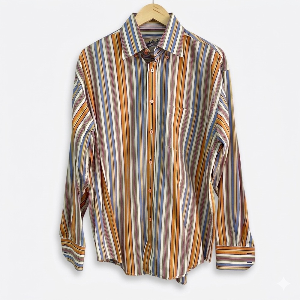 Bugatchi Uomo Men’s‎ Large Striped Button Down Shirt Long Sleeve 100% Cotton